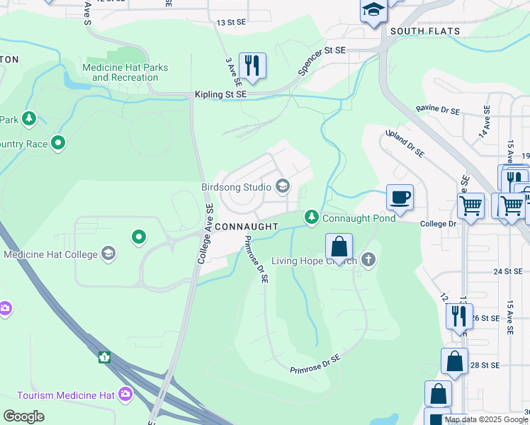 map of restaurants, bars, coffee shops, grocery stores, and more near 610 College Drive in Medicine Hat