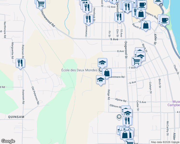 map of restaurants, bars, coffee shops, grocery stores, and more near 681 Homewood Road in Campbell River