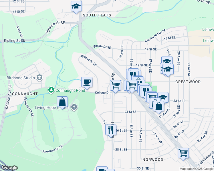 map of restaurants, bars, coffee shops, grocery stores, and more near 2232 Upland Drive Southeast in Medicine Hat