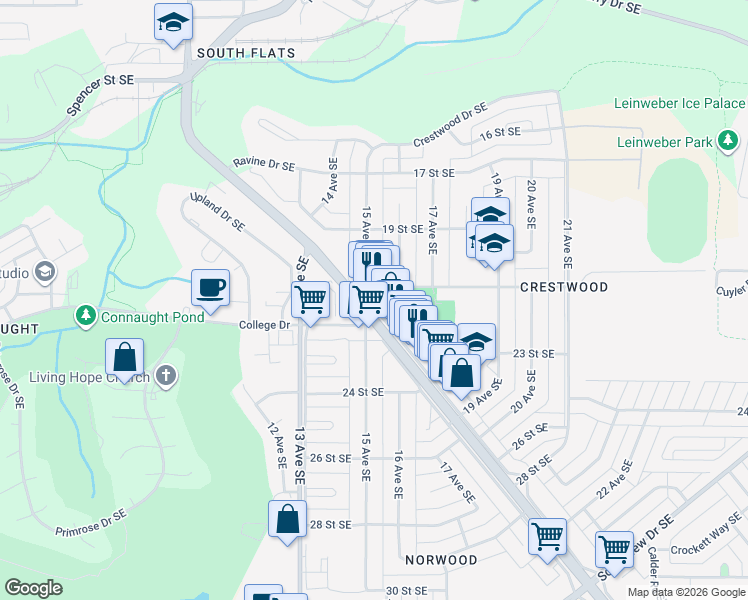 map of restaurants, bars, coffee shops, grocery stores, and more near 1501 Dunmore Road Southeast in Medicine Hat