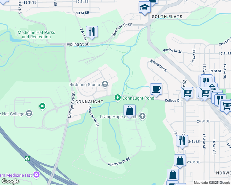map of restaurants, bars, coffee shops, grocery stores, and more near 672 College Drive Southeast in Medicine Hat