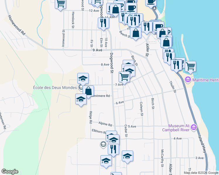 map of restaurants, bars, coffee shops, grocery stores, and more near 621 7 Avenue in Campbell River