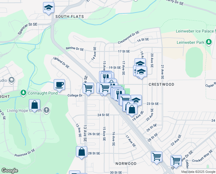 map of restaurants, bars, coffee shops, grocery stores, and more near 105-1501 Dunmore Road Southeast in Medicine Hat
