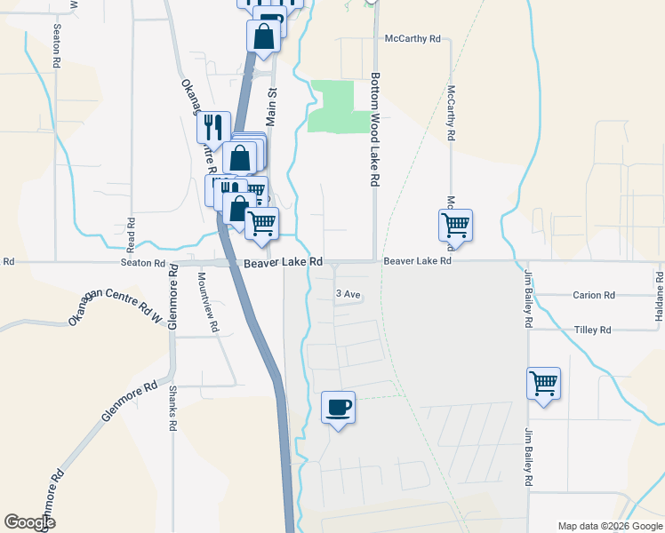 map of restaurants, bars, coffee shops, grocery stores, and more near 3310 Beaverlake Court in Lake Country