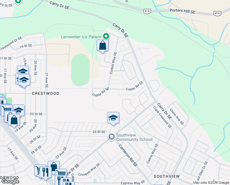 map of restaurants, bars, coffee shops, grocery stores, and more near 79 Cuyler Road Southeast in Medicine Hat