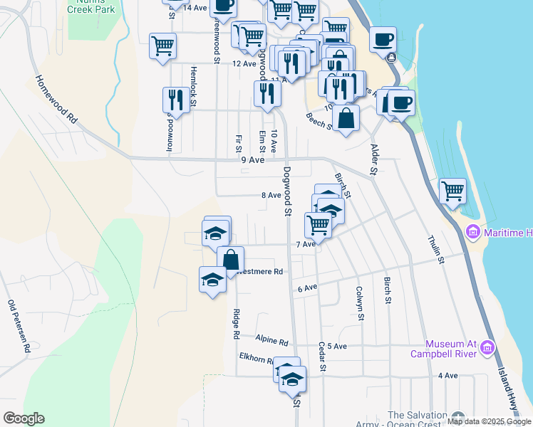 map of restaurants, bars, coffee shops, grocery stores, and more near 635 8 Avenue in Campbell River