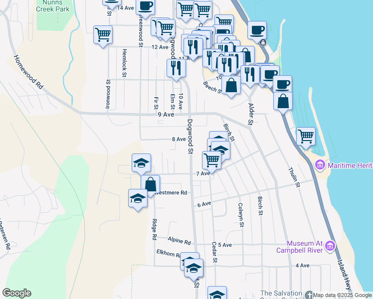map of restaurants, bars, coffee shops, grocery stores, and more near 778 Dogwood Street in Campbell River