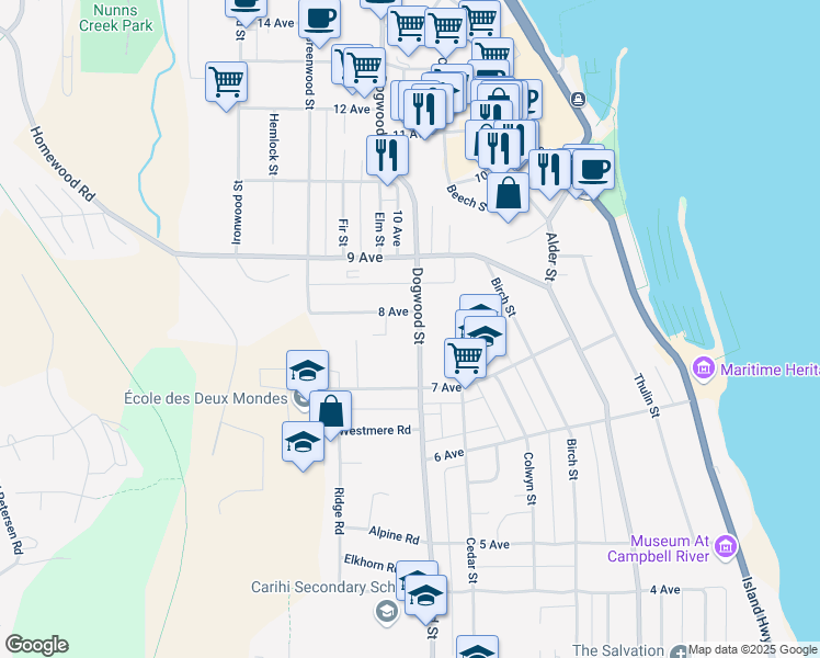 map of restaurants, bars, coffee shops, grocery stores, and more near 790 Dogwood Street in Campbell River