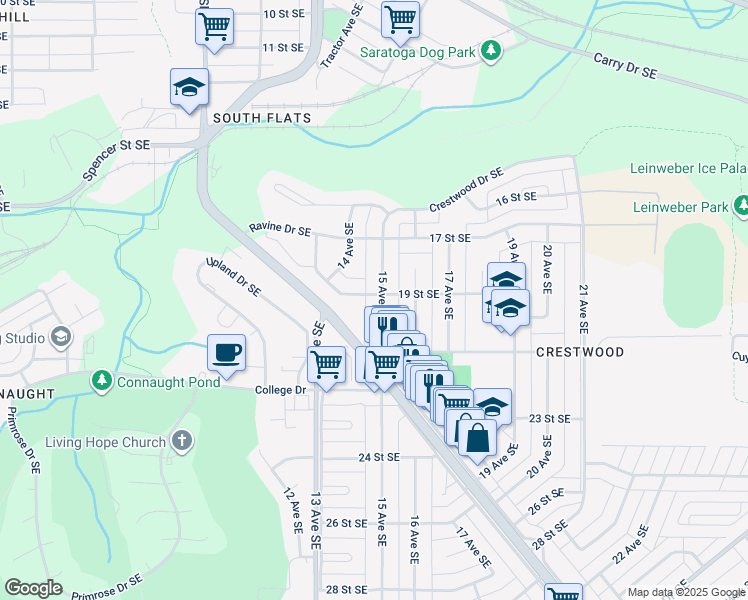 map of restaurants, bars, coffee shops, grocery stores, and more near 1439 19 Street Southeast in Medicine Hat