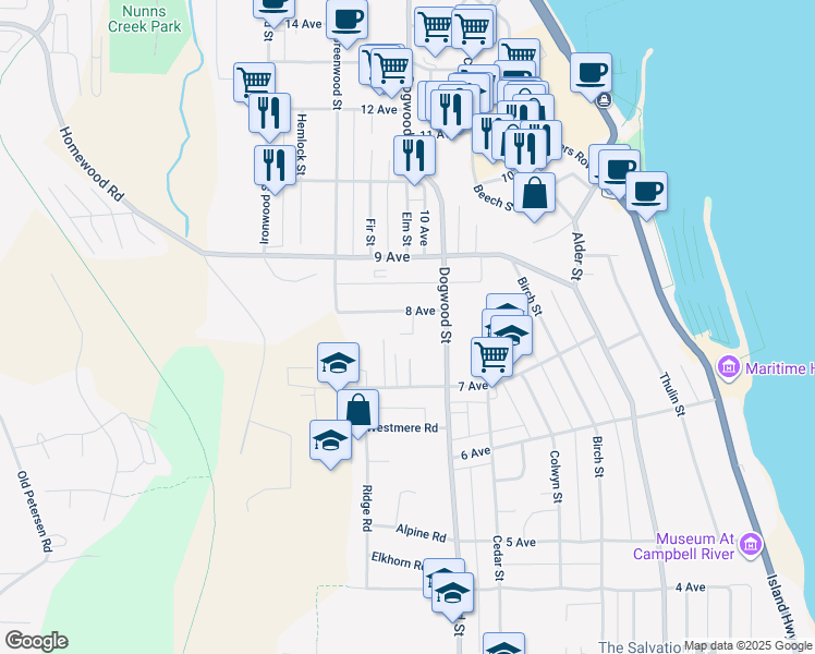 map of restaurants, bars, coffee shops, grocery stores, and more near 667 8 Avenue in Campbell River