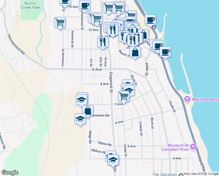 map of restaurants, bars, coffee shops, grocery stores, and more near 794 Dogwood Street in Campbell River