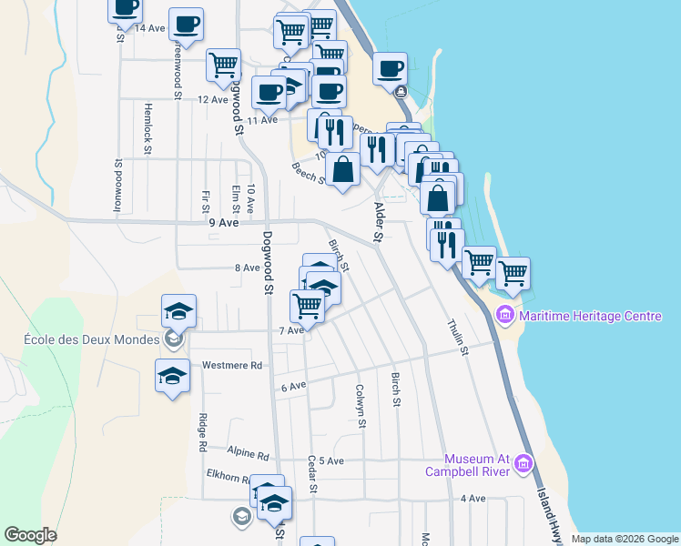 map of restaurants, bars, coffee shops, grocery stores, and more near 766 Birch Street in Campbell River