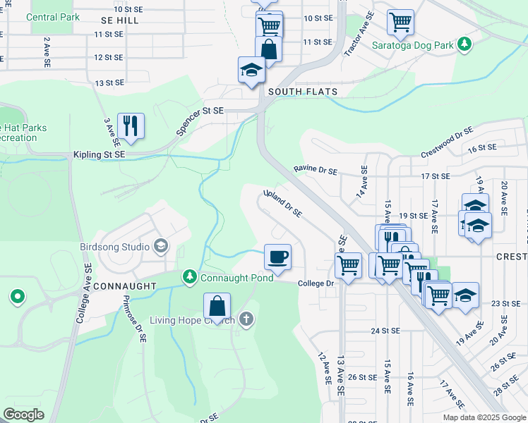 map of restaurants, bars, coffee shops, grocery stores, and more near 1910 Upland Drive Southeast in Medicine Hat