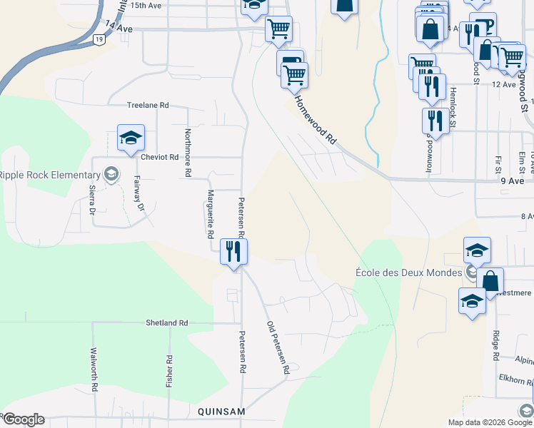 map of restaurants, bars, coffee shops, grocery stores, and more near 850 Park Forest Drive in Campbell River