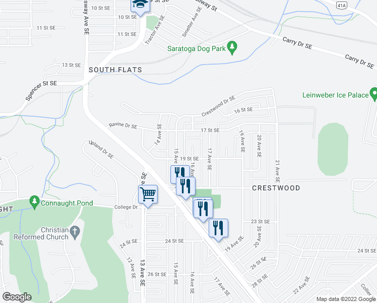 map of restaurants, bars, coffee shops, grocery stores, and more near 1762 16 Avenue Southeast in Medicine Hat