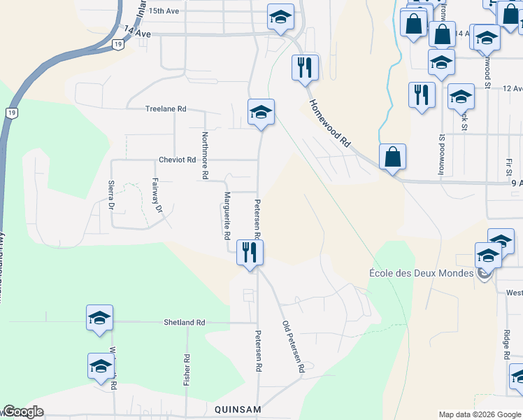 map of restaurants, bars, coffee shops, grocery stores, and more near 850 Park Forest Drive in Campbell River
