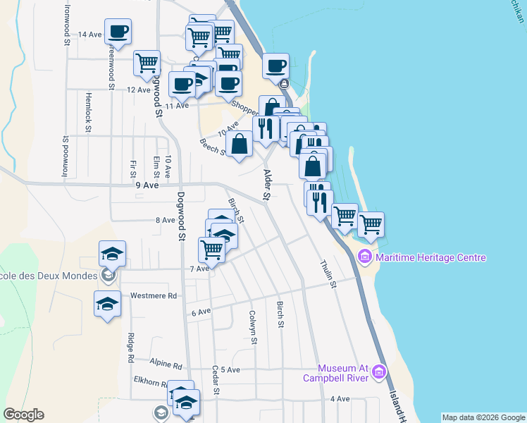 map of restaurants, bars, coffee shops, grocery stores, and more near 860 Alder Street in Campbell River