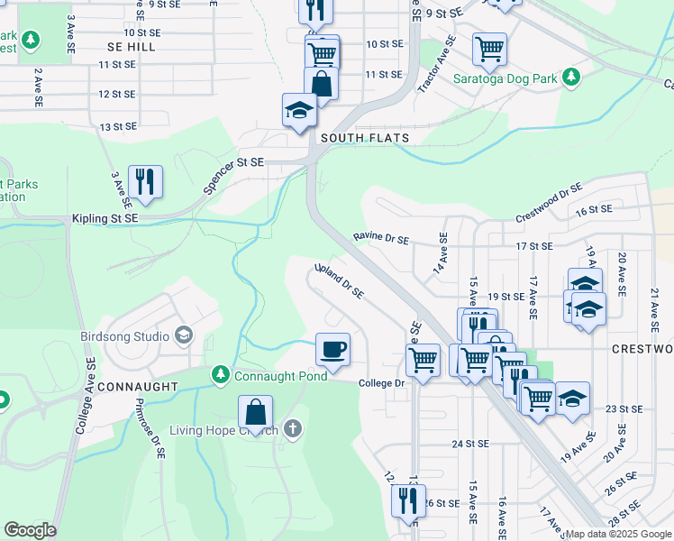 map of restaurants, bars, coffee shops, grocery stores, and more near 1910 Upland Drive Southeast in Medicine Hat