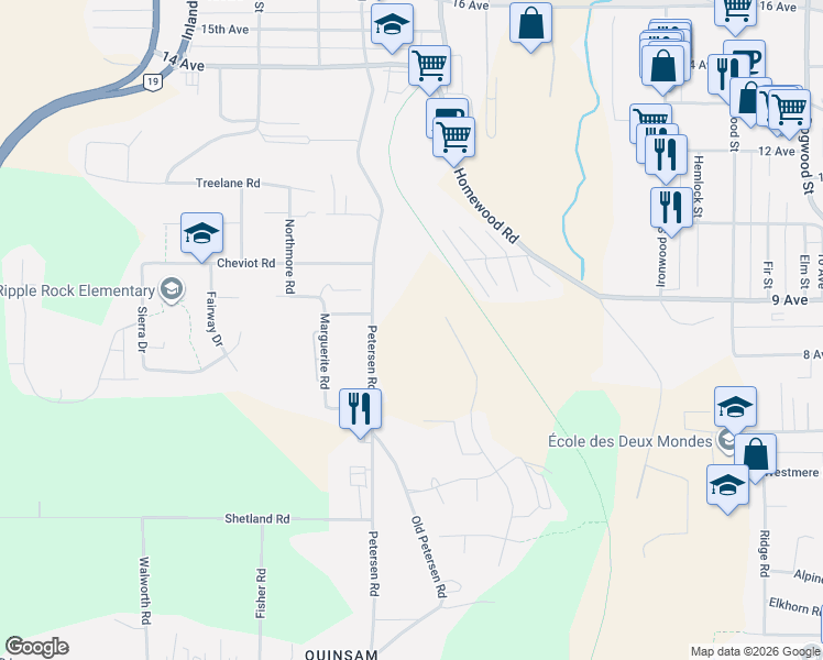 map of restaurants, bars, coffee shops, grocery stores, and more near 850 Park Forest Drive in Campbell River