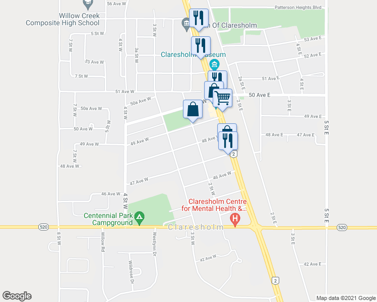map of restaurants, bars, coffee shops, grocery stores, and more near 213 48 Avenue West in Claresholm