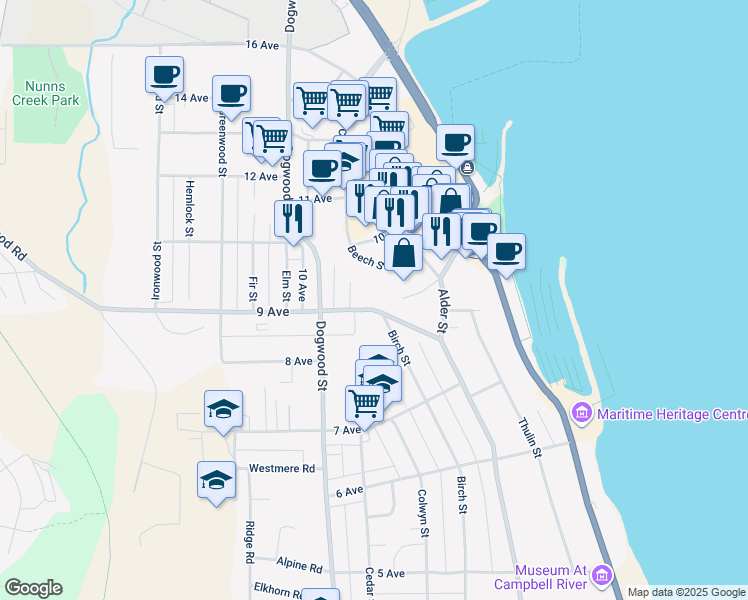 map of restaurants, bars, coffee shops, grocery stores, and more near 490 9 Avenue in Campbell River