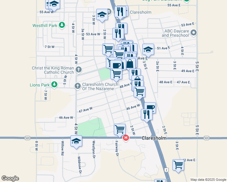 map of restaurants, bars, coffee shops, grocery stores, and more near 213 48 Avenue West in Claresholm