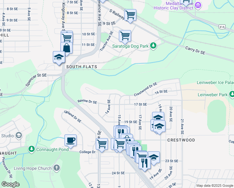 map of restaurants, bars, coffee shops, grocery stores, and more near 14 Craven Place Southeast in Medicine Hat