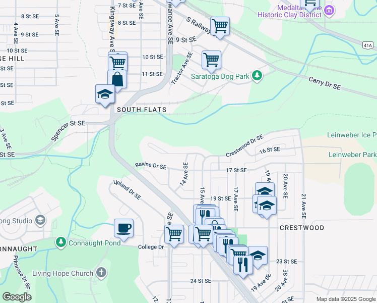 map of restaurants, bars, coffee shops, grocery stores, and more near 32 Craven Place Southeast in Medicine Hat