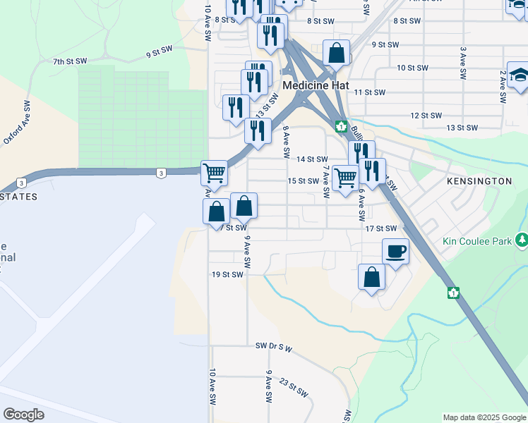 map of restaurants, bars, coffee shops, grocery stores, and more near 849 16 Street Southwest in Medicine Hat
