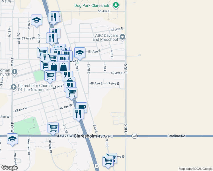 map of restaurants, bars, coffee shops, grocery stores, and more near 303 4 Street East in Claresholm