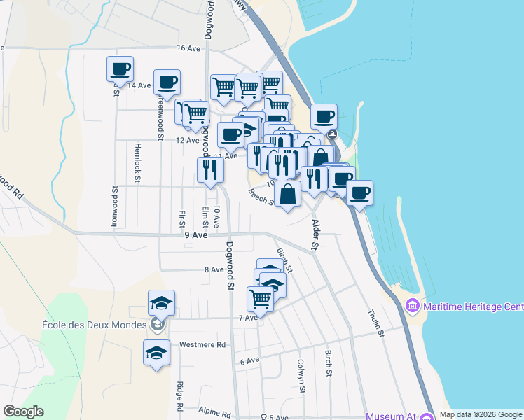 map of restaurants, bars, coffee shops, grocery stores, and more near 961 Cedar Street in Campbell River