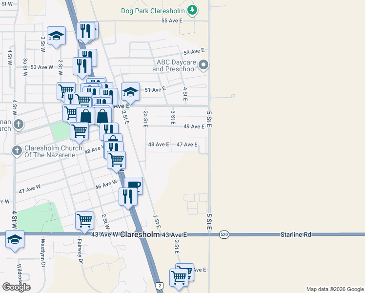 map of restaurants, bars, coffee shops, grocery stores, and more near 303 4 Street East in Claresholm