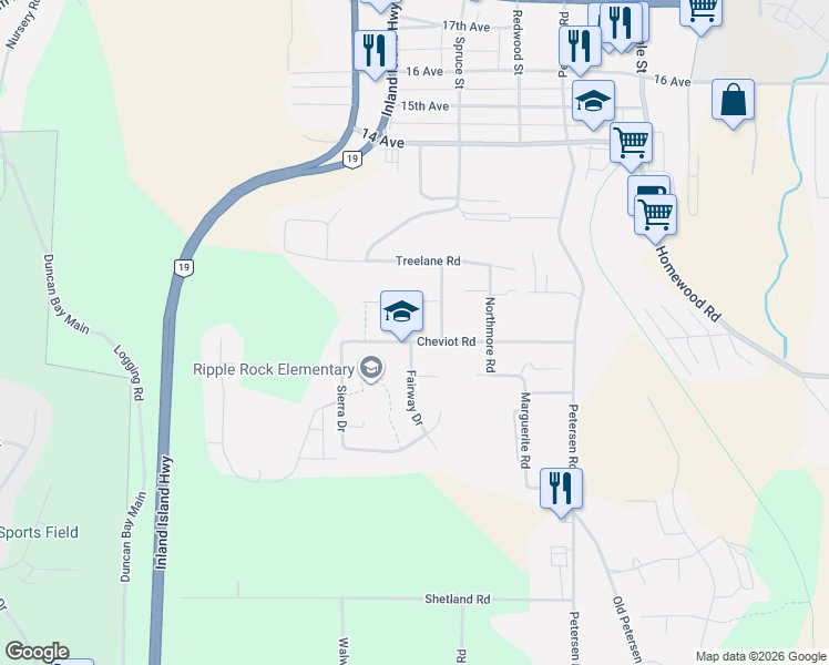 map of restaurants, bars, coffee shops, grocery stores, and more near 1920 Cheviot Road in Campbell River