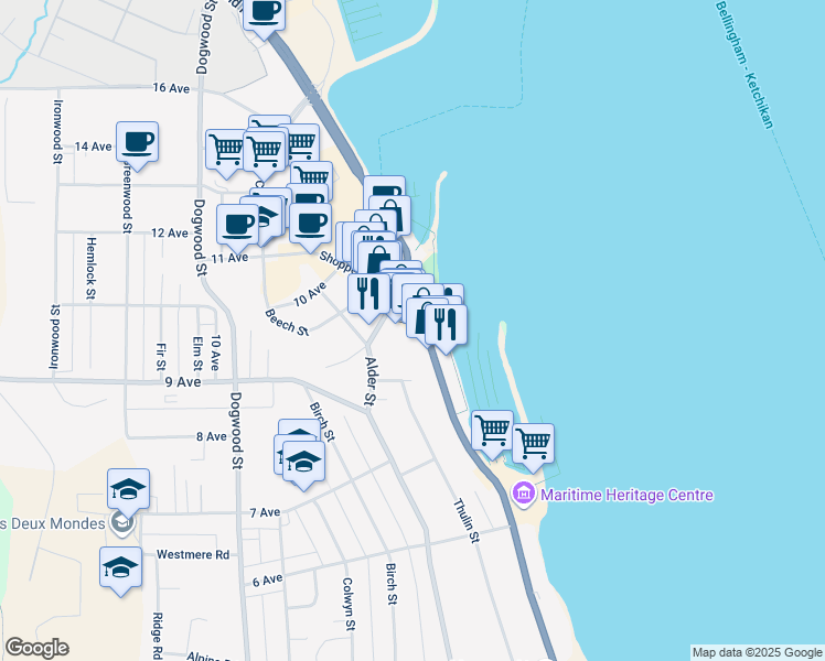 map of restaurants, bars, coffee shops, grocery stores, and more near in Campbell River