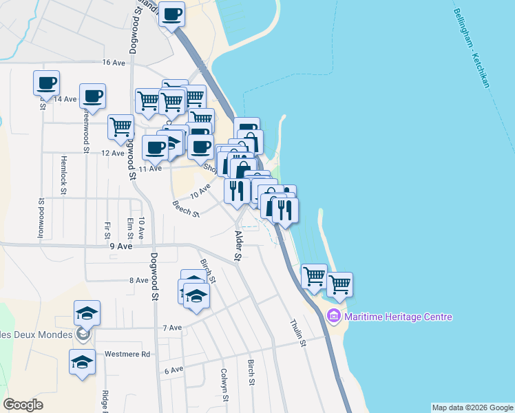 map of restaurants, bars, coffee shops, grocery stores, and more near 940 Island Highway in Campbell River