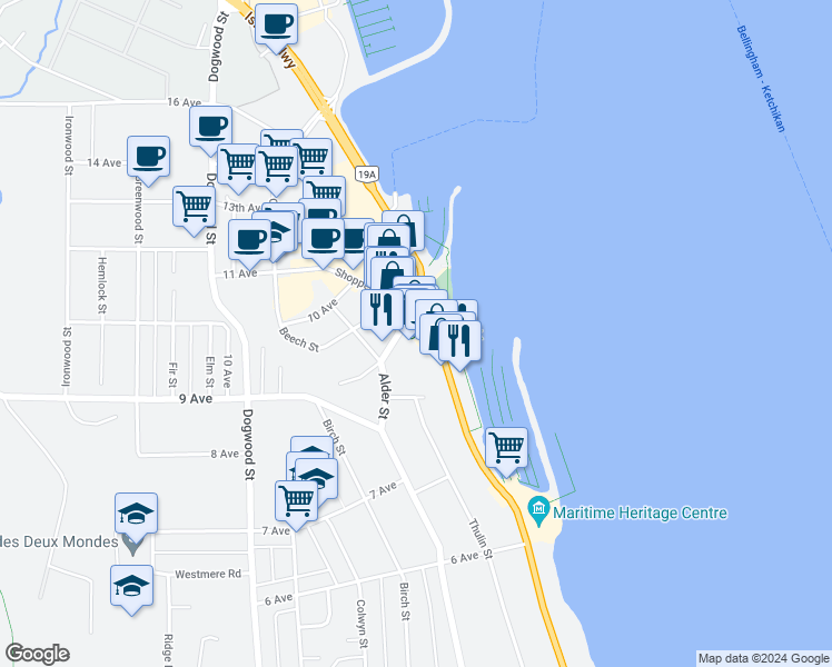 map of restaurants, bars, coffee shops, grocery stores, and more near 940 Island Highway in Campbell River