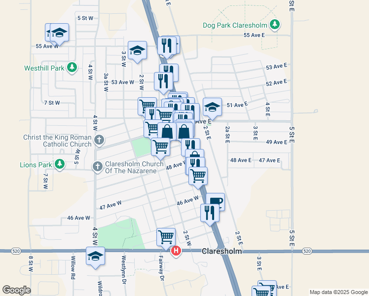 map of restaurants, bars, coffee shops, grocery stores, and more near 4909 Alberta 2 in Claresholm