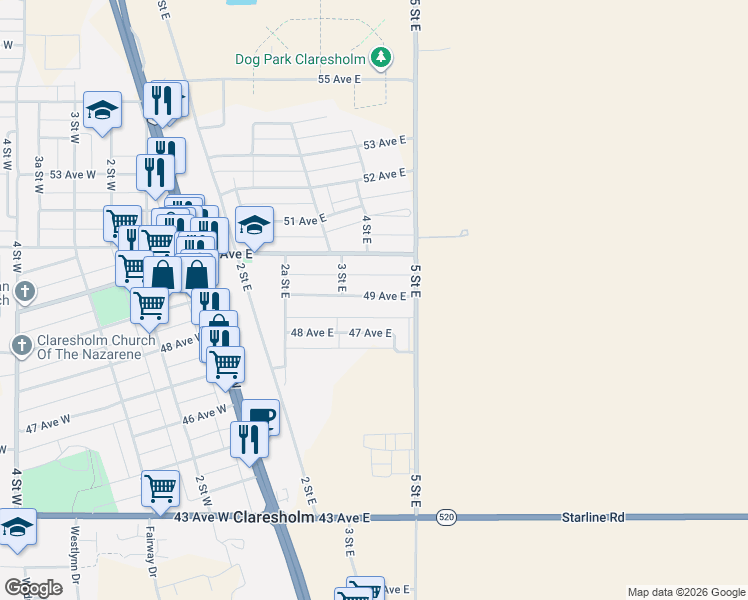 map of restaurants, bars, coffee shops, grocery stores, and more near 411 49 Avenue East in Claresholm