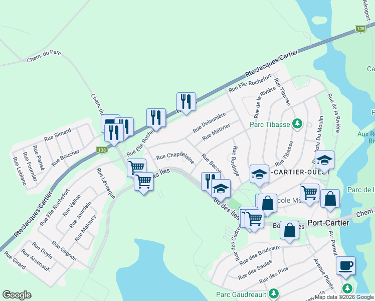 map of restaurants, bars, coffee shops, grocery stores, and more near 19 Rue Chapdelaine in Port-Cartier