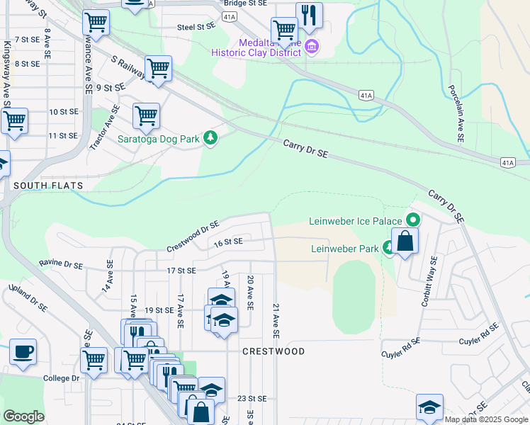 map of restaurants, bars, coffee shops, grocery stores, and more near Crestwood Drive Southeast in Medicine Hat