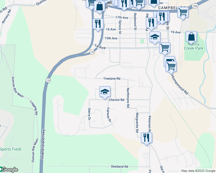 map of restaurants, bars, coffee shops, grocery stores, and more near 1932 Bear Place in Campbell River