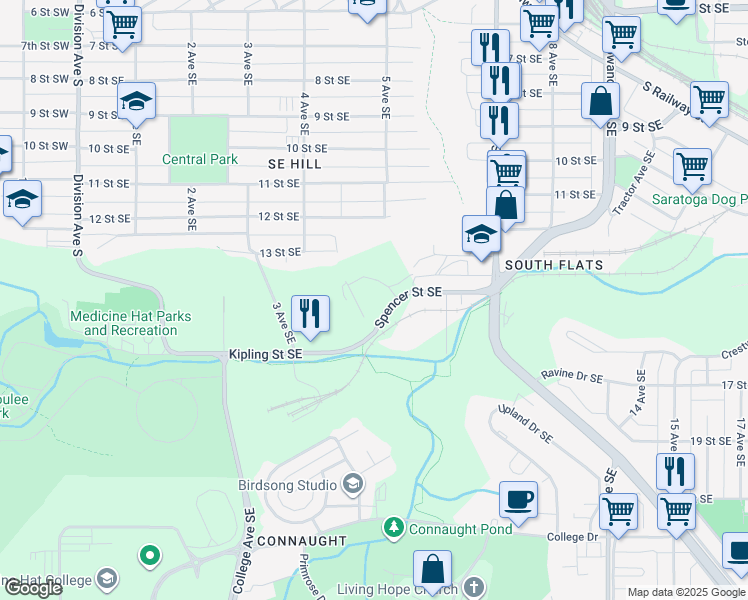 map of restaurants, bars, coffee shops, grocery stores, and more near 460 Spencer Street Southeast in Medicine Hat