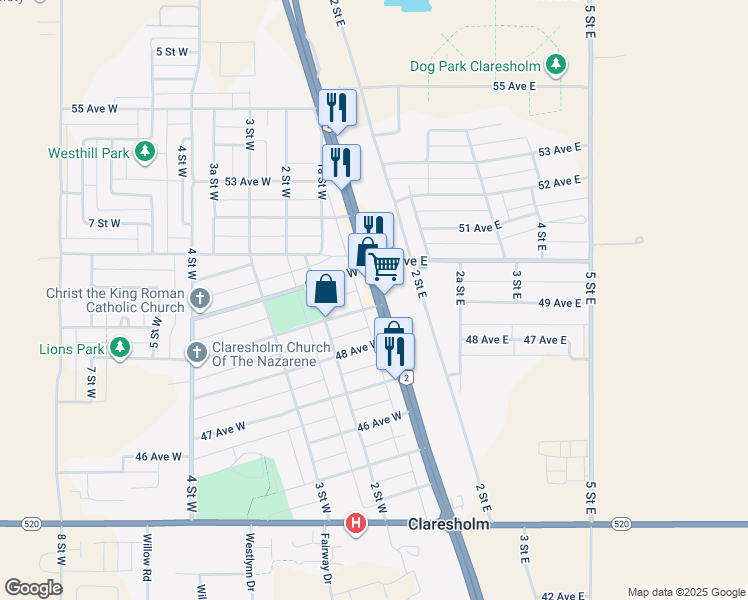 map of restaurants, bars, coffee shops, grocery stores, and more near 4909 Highway 2 in Claresholm