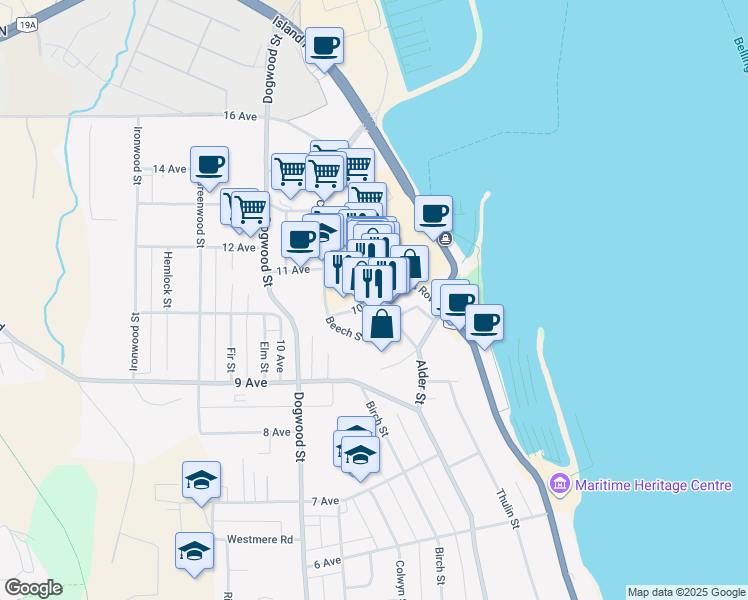 map of restaurants, bars, coffee shops, grocery stores, and more near 1020 Alder Street in Campbell River