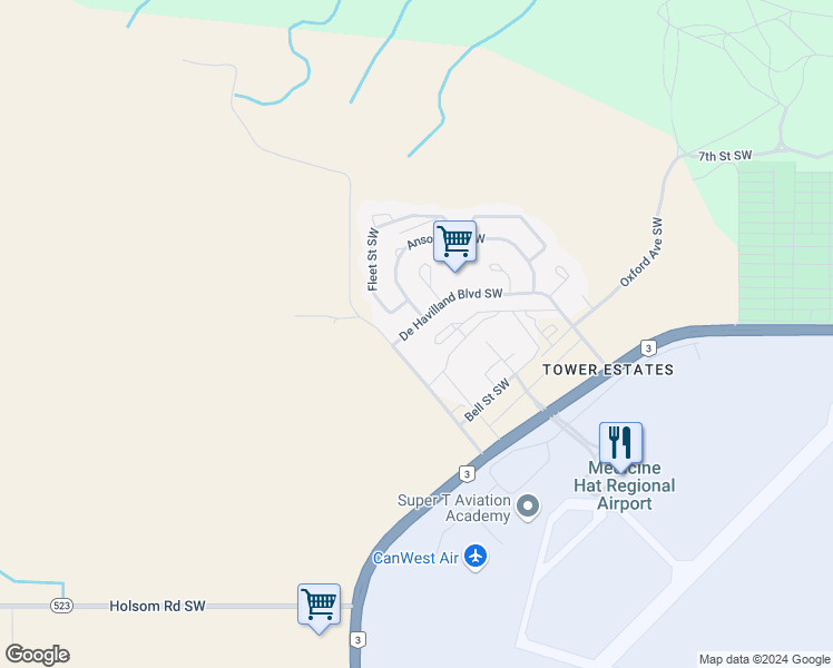map of restaurants, bars, coffee shops, grocery stores, and more near 61 De Havilland Boulevard Southwest in Medicine Hat