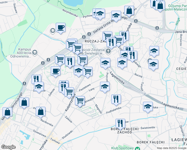 map of restaurants, bars, coffee shops, grocery stores, and more near in Kraków