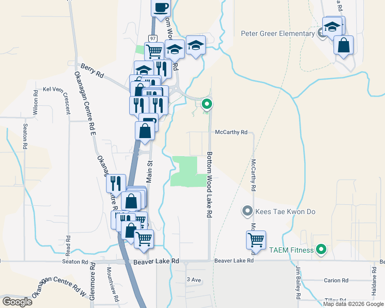 map of restaurants, bars, coffee shops, grocery stores, and more near 1989 Bottom Wood Lake Road in Lake Country
