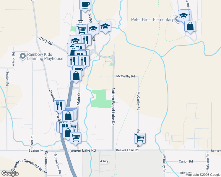 map of restaurants, bars, coffee shops, grocery stores, and more near 1989 Bottom Wood Lake Road in Lake Country
