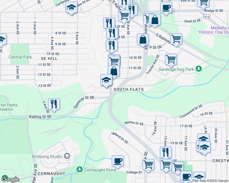 map of restaurants, bars, coffee shops, grocery stores, and more near Spencer Street in Medicine Hat
