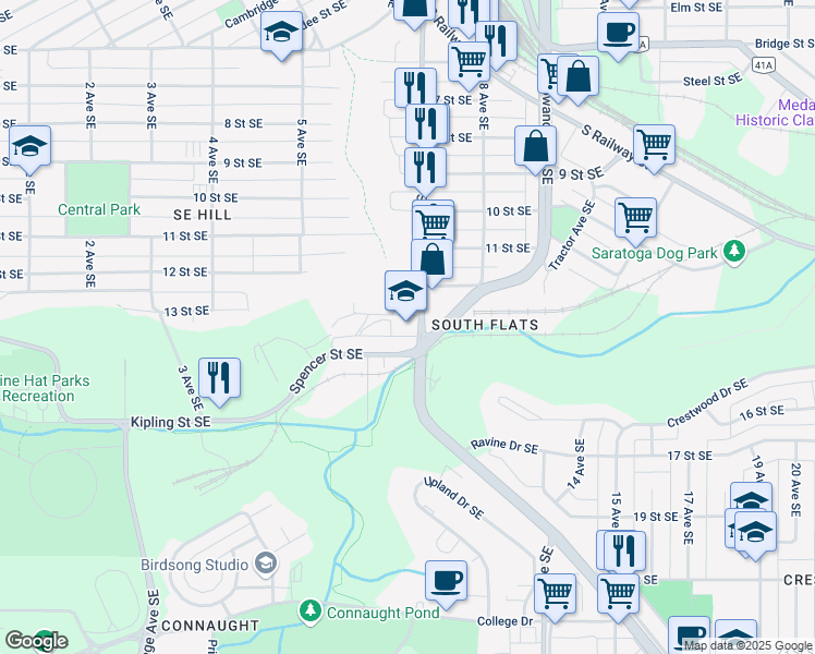 map of restaurants, bars, coffee shops, grocery stores, and more near 1310 Kingsway Avenue Southeast in Medicine Hat